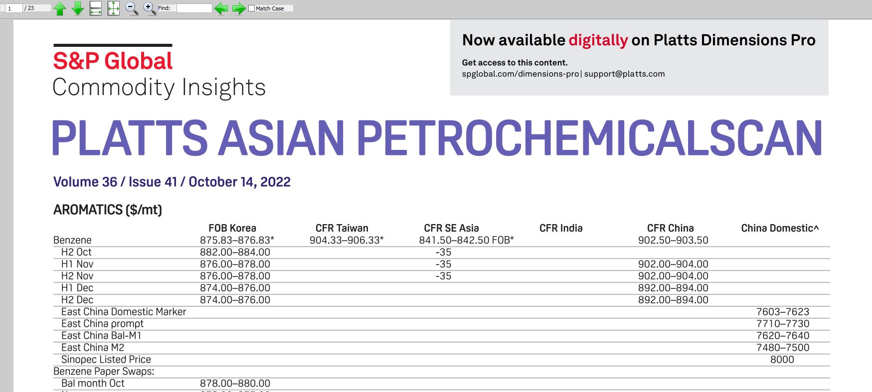 دانلود Platts Asian Petrochemicalscan دریافت قیمت محصولات شیمیایی پتروشیمی از نشریه پلتس آخرین قیمت‌های جهانی پلیمرها، آروماتیک ها، الفین ها و بازارهای پتروشیمی