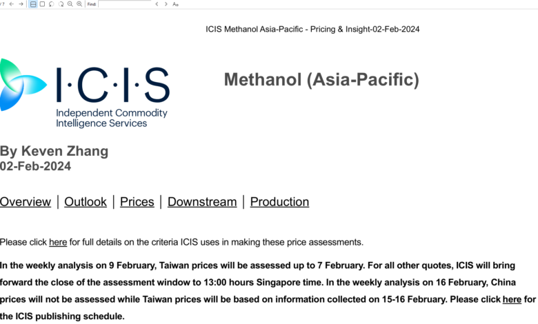 دریافت اخرین قیمتهای متانول از مجلات آرگوس و ایسیس Argus Methanol و ICIS Methanol Europe Pricing & Insight Asia-Pacific